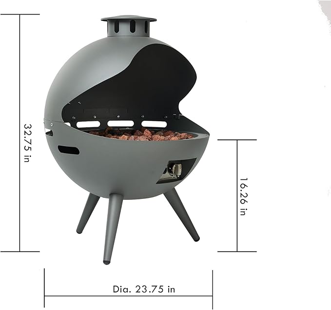 24-Inch Chimenea Propane Fire Pit with Natural Gas Conversion Kit, 55,000 BTU Gas Fire Pit, Hemispherical 3-Legged Firepit with Lava Rocks and Rain Cover, Gray