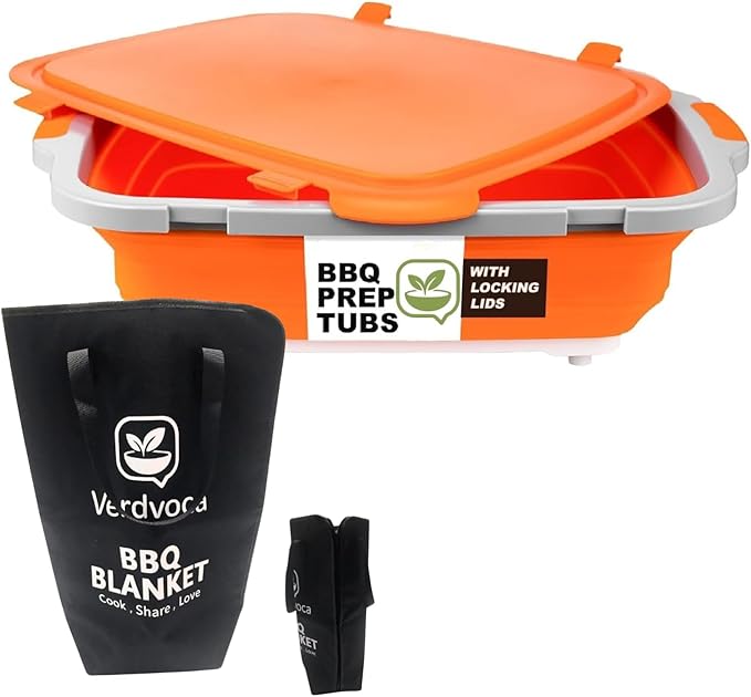 16L Orange Collapsible BBQ Prep Tub with Locking Lids & 21 Inch Oxford Black BBQ Blanket for Resting Meat