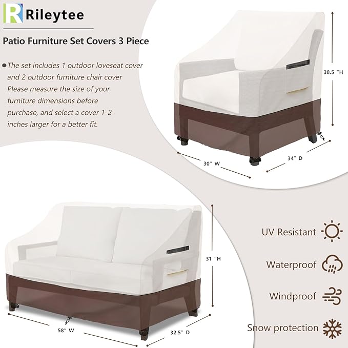 Patio Furniture Covers,3 Piece Heavy Duty Waterproof Outdoor Furniture Cover,Outdoor Furniture Covers for Patio Furniture,Includes 2 Patio chair covers 30in and 1 Patio loveseat cover 58in,Beige