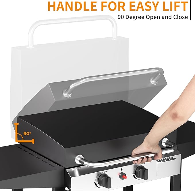 2 Burner BBQ Gas Griddle with Hood, 17.3 Inch Stainless Steel Portable Detachable Propane Griddle, 30,000 BTU Flat Top Barbecue Grill with Side Shelves for Camping