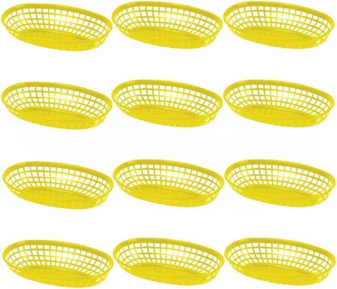 TrueCraftware- 9-3/8" Oval Fast Food Basket Yellow Plastic Set of 12- Fry Fast Food Reusable Foodservice Restaurant Diner Tray Plates Restaurant Deli Serving Chicken Burgers Sandwiches & Fries