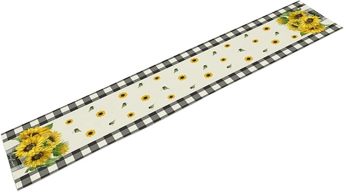 Morden Sunflower Table Runner,White Black Buffalo Plaid Watercolor Summer Flower Plants Leaves Print Table Runner for Kitchen Dining Table Holiday Home Party Decor 13x60in