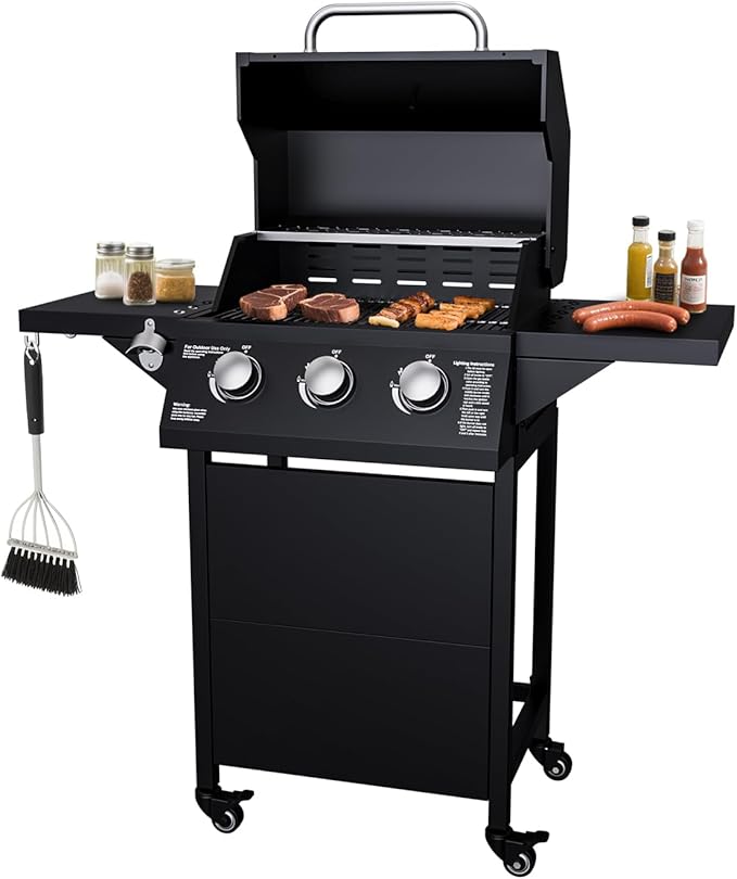 3 Burner Propane Gas Grill, 30000 BTU Outdoor Gas BBQ Grill Cooking with Two Table, Stainless Steel Cooking Grids, Built-in Thermometer, Easy-Clean Grease, for Backyard, Camping