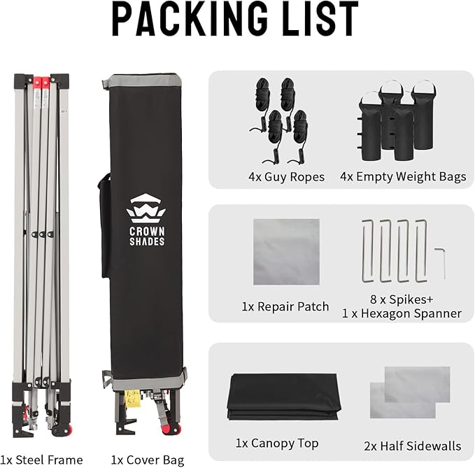 CROWN SHADES 10x10 Pop up Canopy Tent Instant Canopy with 150D Silver Coated Fabric Including 2 Half Sidewalls, 4 Ropes, 8 Stakes, 4 Weight Bags, STO 'N Go Bag, Black