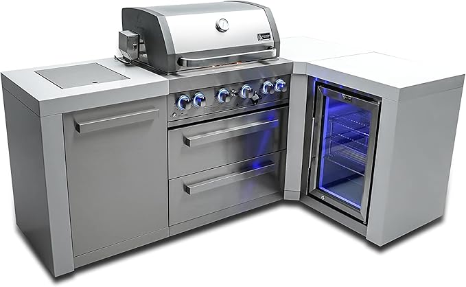 Mont Alpi MAi400-D90FC 32-Inch 4-Burner 78000 BTU 90 Degree Corner Stainless Steel Gas Outdoor Kitchen Barbecue Island Grill + Infrared Side Burner + Wine Cooler Beverage Center Compact Refrigerator
