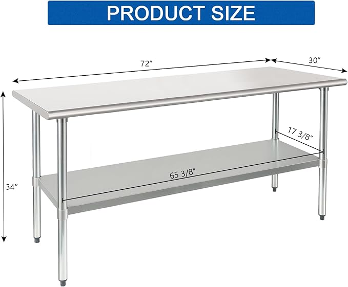 HARDURA Stainless Steel Table 30X72 Inches with Undershelf and Galvanized Legs NSF Heavy Duty Commercial Metel Table for Food Prep