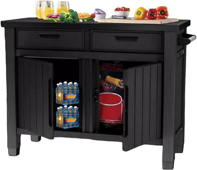Outdoor Grill Table, Entertainment, and Storage Table with Drawers in Graphite Gray is a Versatile and Stylish Addition to Any Outdoor Space.