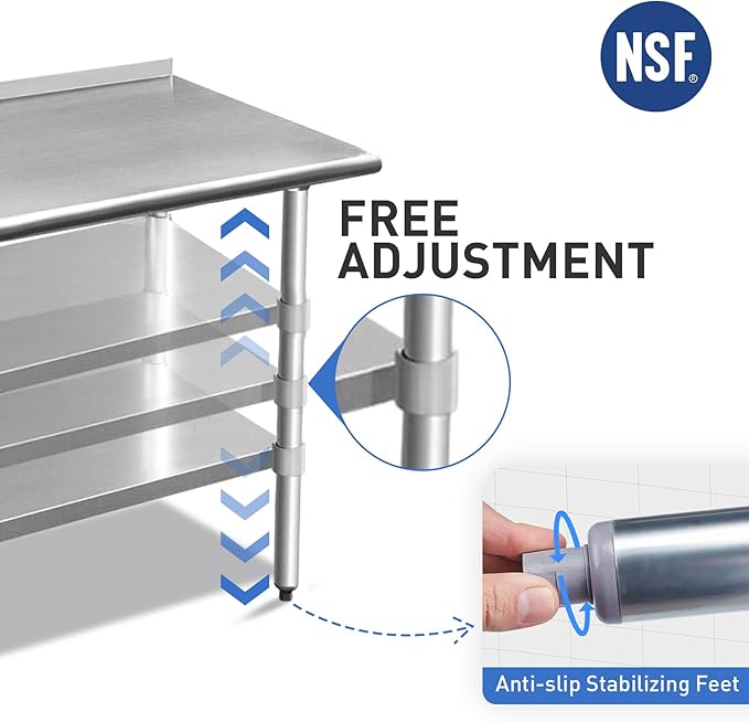 ROCKPOINT Stainless Steel Table for Prep & Work with Backsplash 24x36 Inches, NSF Metal Commercial Kitchen Heavy Duty Table with Adjustable Under Shelf and Table Foot for Restaurant, Home and Hotel