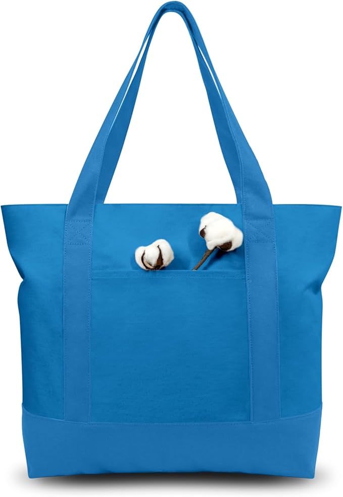TOPDesign 3-Pack Canvas Tote Bags with an External Pocket, Reusable Grocery Shopping Bags, Top Zipper Closure, Daily Essentials (Ocean Blue)
