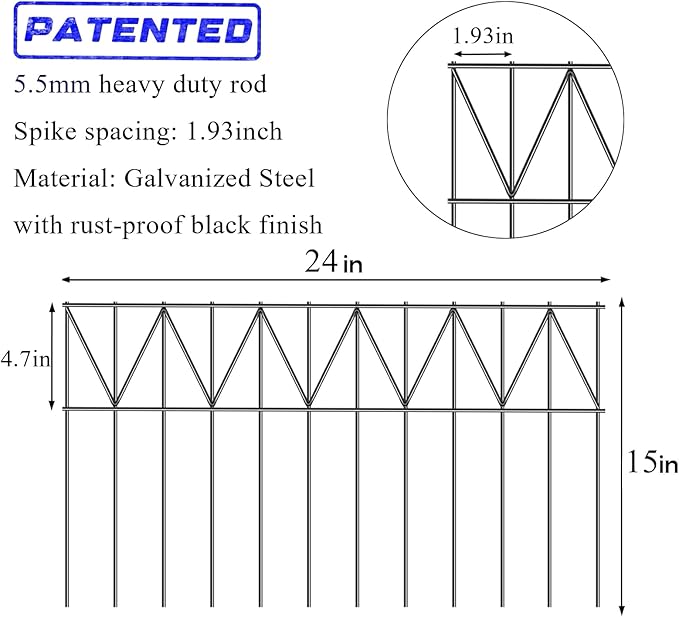 10 Pack 24" L x 15" H Animal Barrier Fence, Underground No Dig Fence Patented Product, 5.5mm Galvanized Stakes with 2 inch Spacing, Anti Digging for Dogs, Total 20Ft(L) X 15in(H) Black