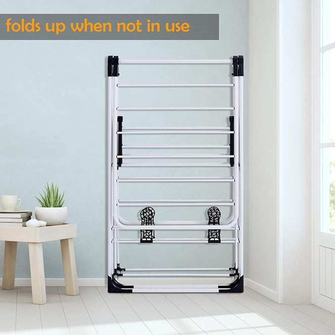 GOFLAME Steel Clothes Drying Rack with Adjustable Wings, Foldable Gullwing Collapsible Laundry Drying Rack with Shoe Holder and Shelves, Space Saving Drying Rack for Underwear, Socks, Pants