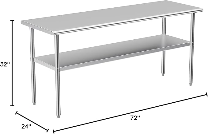 Stainless Steel Table for Prep & Work, 24x72 Inches, NSF Metal Commercial Heavy Duty Table with Adjustable Under Shelf and Foot for Restaurant, Home and Hotel