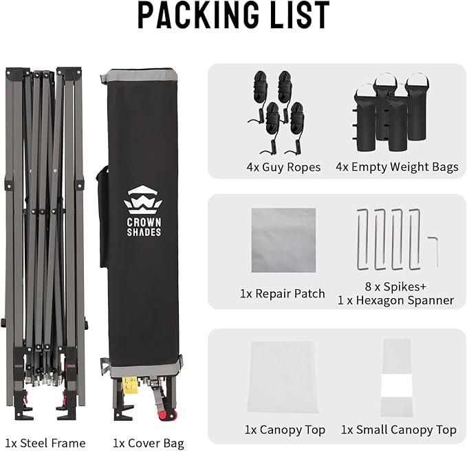 CROWN SHADES 10x10 Pop Up Canopy Tent with Patented Center Lock, 150D Silver Coated Fabric, 2 Extendable Awnings, Instant Commercial Canopy with 4 Weight Bags, Ropes, Stakes & Wheeled Carry Bag, White