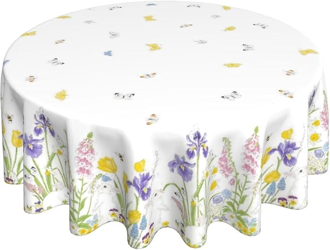 Spring Easter Round Tablecloth 70 Inch, Bunny Colorful Flower Butterfly Decorative Tablecloths Stain Resistance Polyester Rabbit Floral Table Cloth for Holiday Parties Kitchen Dining