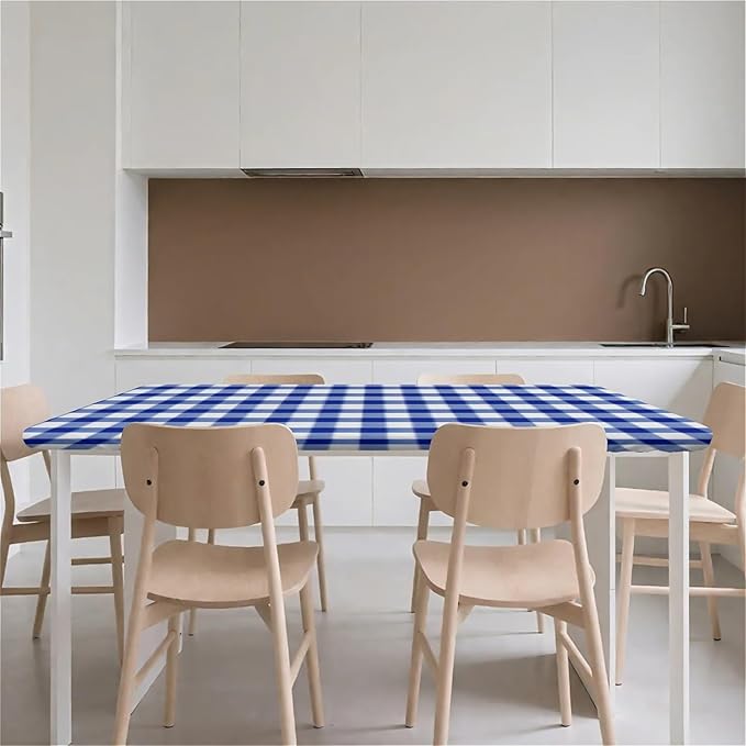 Rectangle Table Cloth Cover Waterproof Elastic Fitted Polyester Fitted Tablecloths for 6 Foot Tables for Indoor,Picnic, Camping, Outdoor （72" x 30"，Blue Grid）