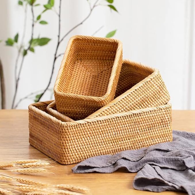Natural Rattan Storage Baskets, Rectangular Woven Fruit Baskets, Decorative Wicker Basket and Small Baskets for Organizing (Set of 3)