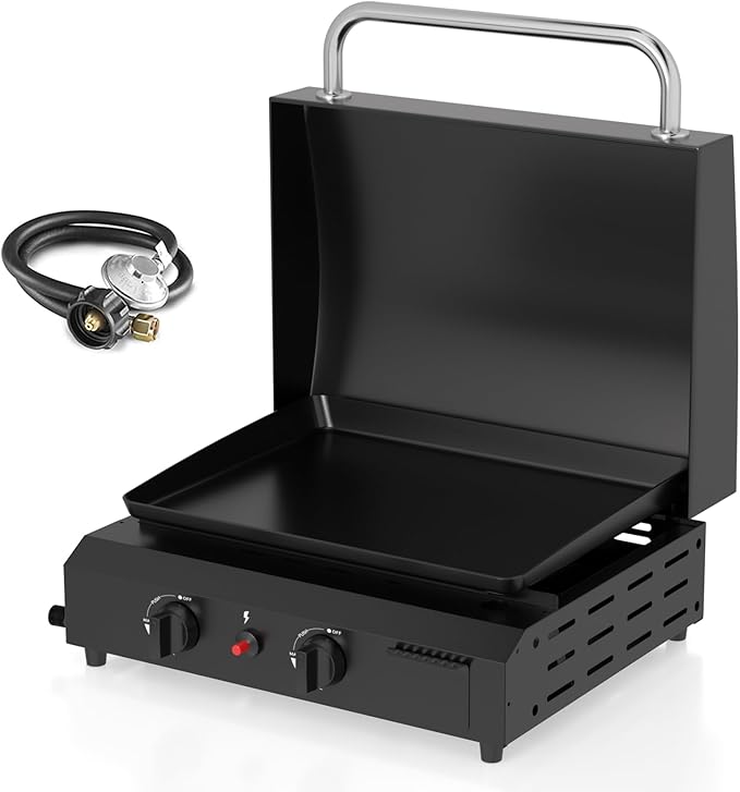 2 Burner BBQ Gas Griddle with Hood, 17.3 Inch Stainless Steel Portable Detachable Propane Griddle, 60,000 BTU Flat Top Grill with Lid for Camping, Black