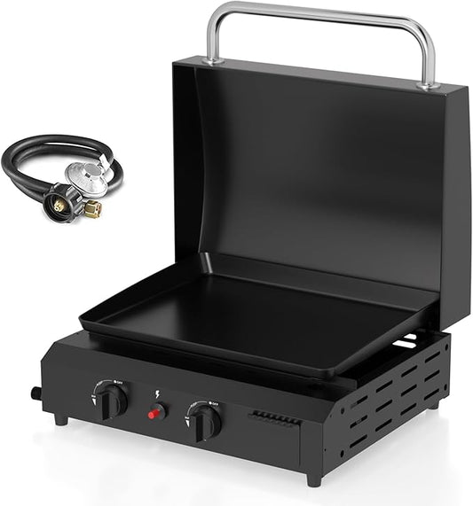 2 Burner BBQ Gas Griddle with Hood, 17.3 Inch Stainless Steel Portable Detachable Propane Griddle, 60,000 BTU Flat Top Grill with Lid for Camping, Black