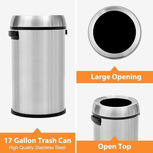 GarveeHome 17 gal/65 L Open Top Trash Can, Stainless Steel Rubbish Bin, Commercial Grade Waste Container, Round Garbage Can for Outdoor, Home Office, Restaurant, Silver