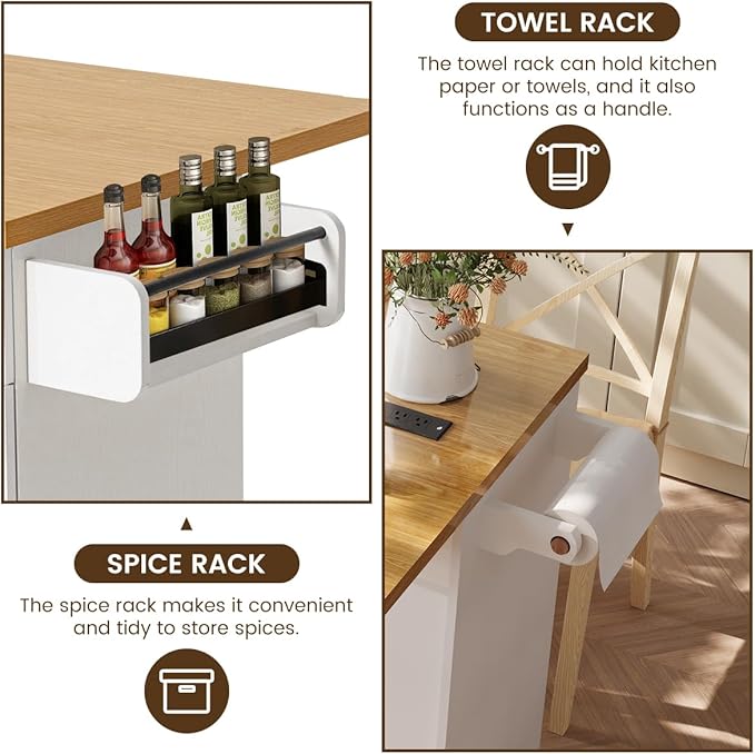 COCO DESIGN Rolling Kitchen Island Cart with Wheels, 54" Portable Trolley Island with Drop Leaf Countertop, Sliding Barn Door, Power Outlet, Spice Rack, Towel Rack and Drawers, Minimalist White