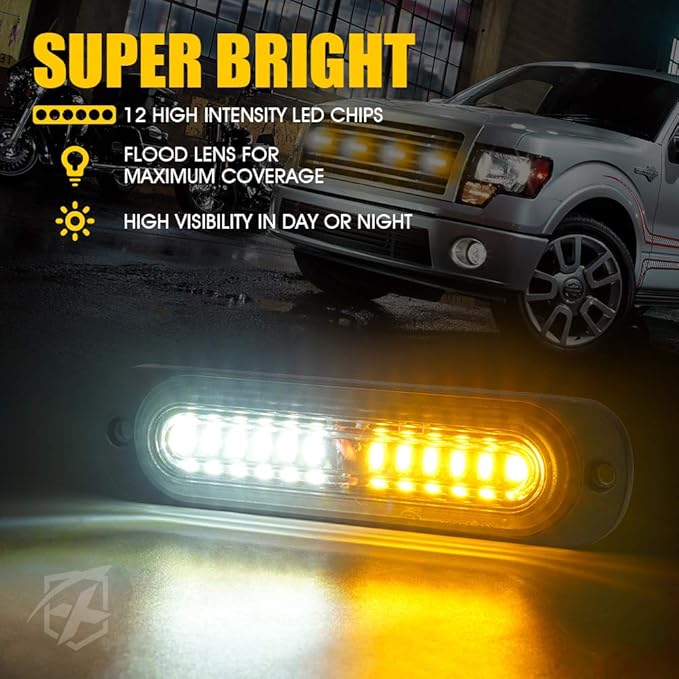 Xprite LED Surface Mount Strobe Lights Kit, White Amber Grill Grille Emergency Warning Marker Flashing Light with Control Box for Trucks Vehicles ATV RV Cars Van - 4PCS