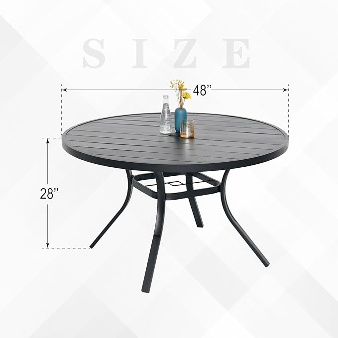 48" Patio Outdoor Round Table for 6 Person, All Weather Metal Black Round Patio Dining Table with Adjustable Umbrella Hole