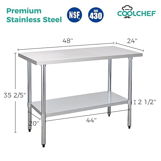 Stainless Steel Table for Prep & Work 24 x 48 Inches, NSF Heavy Duty Commercial Food Prep Work Table with Undershelf and Galvanized Legs for Restaurant, Home and Hotel