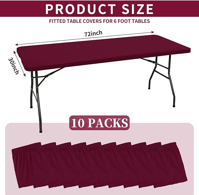 10 Pack Fitted Tablecloth for 6 Foot Rectangle Tables, Wine Red Elastic Outdoor Picnic Table Cover, Washable Stretch Folding Table Cloths 6 ft for Camping Party Patio Kitchen Banquet, 30" W x 72" L