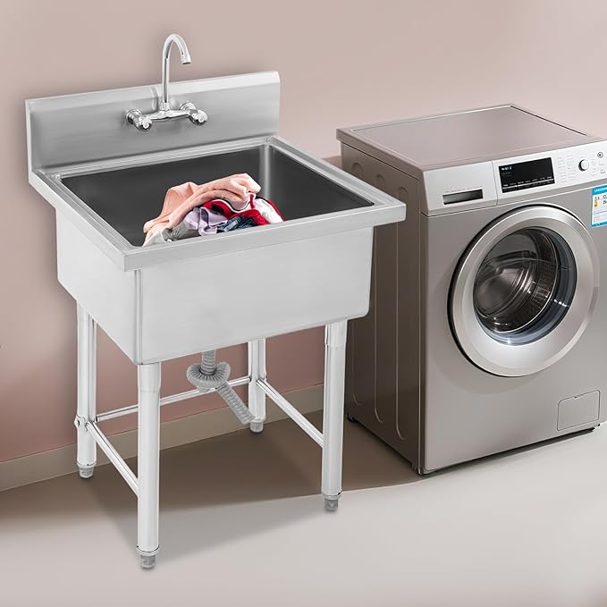 Commercial Sink with Cold & Hot Faucet, Freestanding Single Bowl Kitchen Utility Sink Stainless Steel Outdoor for Home Hotel Garage Garden Bar Restaurant (24X24X41in)