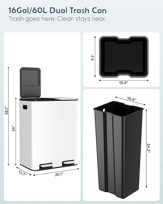 Arlopu 16Gal Dual Trash Can w/2 Built-in Box for Odor Control, Hands-Free Kitchen Garbage Bin, Recycle Waste Dustbin, Soft-Close Lid, 2 Buckets,Foot Pedal, Side Handle, Airtight,for Home (White)