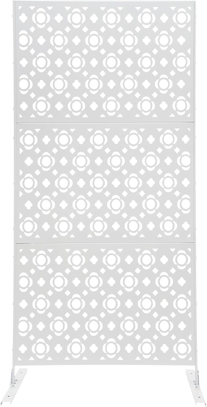 75" H×35" W Decorative Outdoor Privacy Screen with Stand, Outdoor Decor Privacy Fence Screen Metal Fence Panels, Free Standing Metal Divider for Patio Lawn Deck (White-Small Plum Blossom)