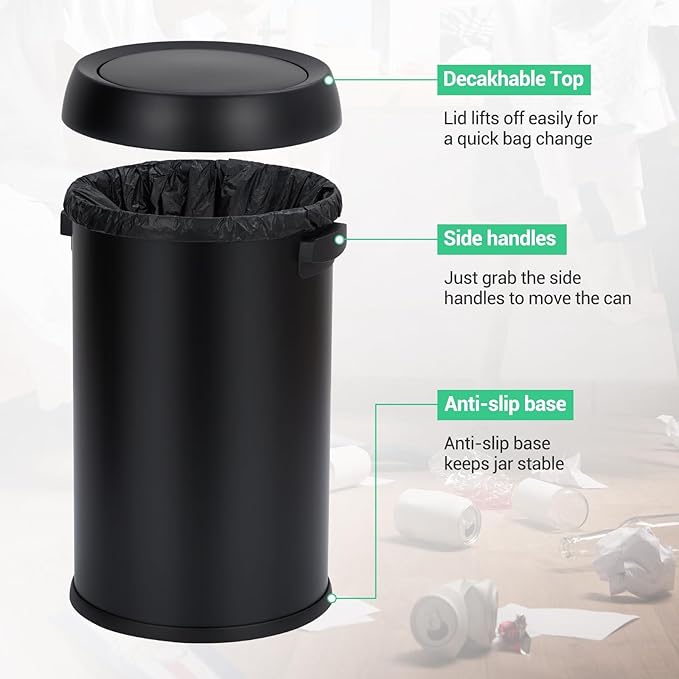 Commercial Grade Stainless Steel Kitchen Trash Can, 65L (17 Gallon) Heavy Duty Round Garbage and Recycling Bin with Fingerprint-Proof Swing Lid, Durable Indoor and Outdoor Use