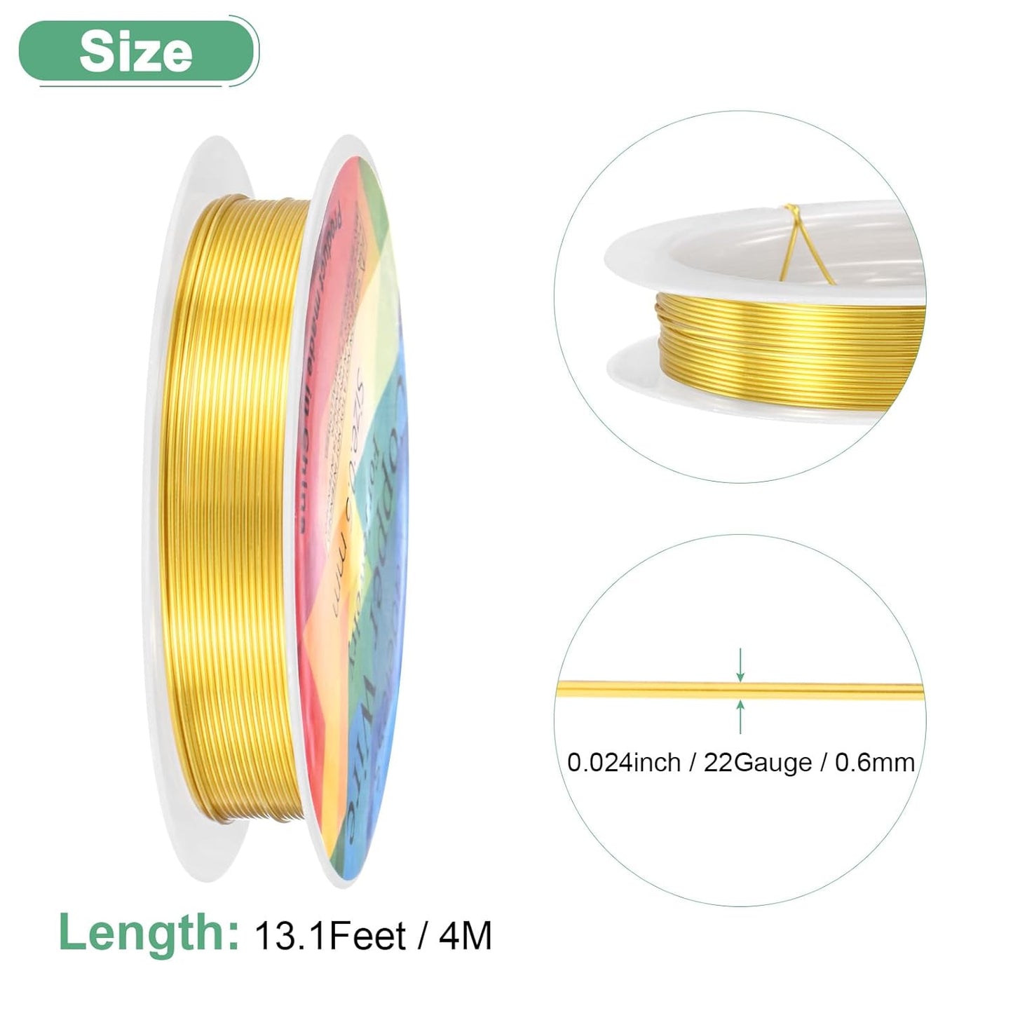 0.6 mm/22 Gauge Copper Wire for Jewelry Making, 13.1FT Copper Beading Craft Wire for Jewelry/Weaving/DIY Crafting/Planting, Color-Retaining [4M, Gold Tone]