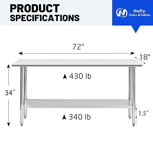 Hally Stainless Steel Table for Prep & Work 18 x 72 Inches, NSF Commercial Heavy Duty Table with Undershelf and Galvanized Legs for Restaurant, Home and Hotel