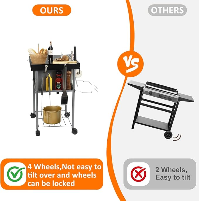 Grill Cart Table Accessories Outdoor Grilling Side Tables for 18"/22" Weber Charcoal Kettle Grills Rolling Prep Stand with Wheels Mesh Storage Racks Perfect for BBQ Camping Home Party