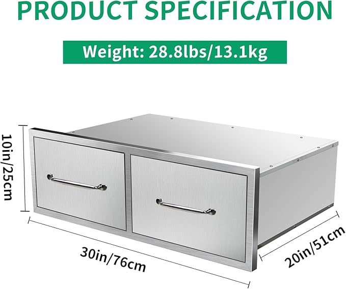 Outdoor Kitchen Drawers 30" W x 10" H x 20" D Stainless Steel Single Drawers with Ergonomic Handle for BBQ Island, Patio Grill Station & Outdoor Kitchen Cabinets