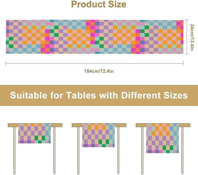 Retro Checkered Table Runner, Bright Rainbow Colorful Modern Groovy Aesthetic Table Runner for Dining Kitchen Party Home Wedding Banquet 13x90in