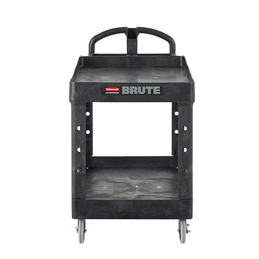 Rubbermaid Commercial Products 2-Shelf Utility/Service Cart, Medium, Black, Lipped Shelves, Ergonomic Handle, 500 Lbs Capacity, forfor Warehouse/Garage/Cleaning/Manufacturing