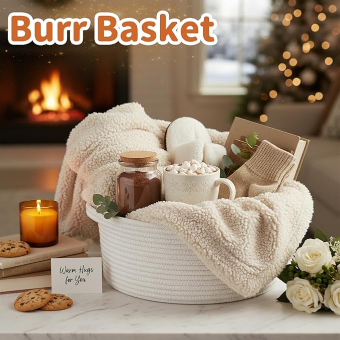 Pro Goleem Small Woven Burr Basket with Gift Bags and Ribbons Durable Baskets for Gifts Empty Small Rope Basket for Storage 12"X 8" X 5" Baby Toy Baskets with Handles, White