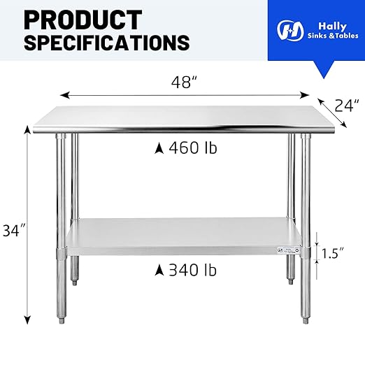 Hally Stainless Steel Table for Prep & Work 24 x 48 Inches, NSF Commercial Heavy Duty Table with Undershelf and Galvanized Legs for Restaurant, Home and Hotel