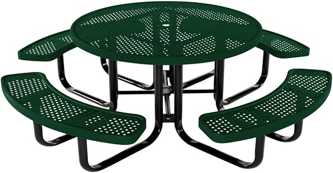 COATEDOUTDOORFURNITURE Heavy-Duty Portable Outdoor Kids Table with Umbrella Hole, Punched Steel Kids Picnic Table, Commercial-Grade, Made in America (46 in, Round, Childrens, Green)