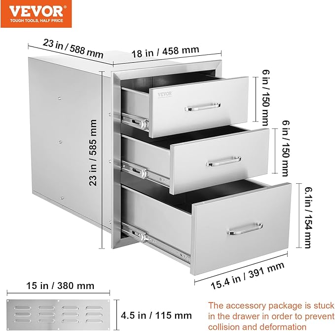 VEVOR 18x23 Inch Outdoor Kitchen Stainless Steel Triple Access BBQ Drawers with Chrome Handle, 18 x 23 x 23 Inch