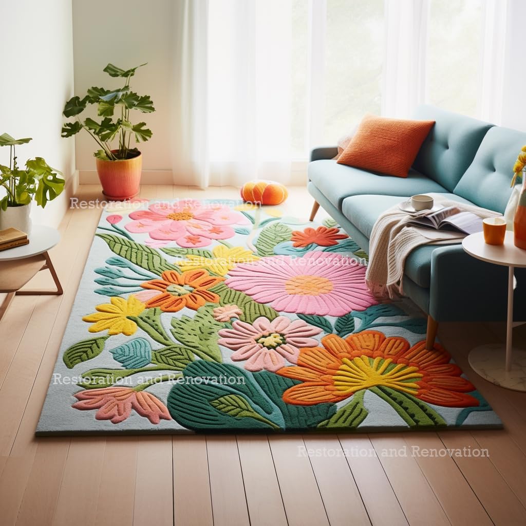 Handmade Wool Floral Area Rug for Living Room | Elegant Flower Garden Design, Soft, Thick and Durable | Bedroom, Dining Room & Home Decor Carpet (4' x 6', Floral F)