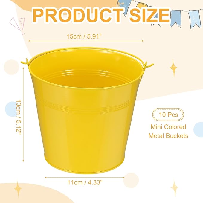Small Metal Buckets, Mini Buckets with Handle Galvanized Colored Tin Pail Containers Basket Party Supplies - Fit for (Halloween - Classroom Crafts) 6" & 10Pcs & Yellow