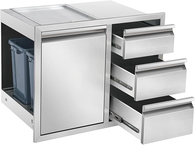 Outdoor Kitchen Drawer Combo, Stainless Steel Triple Drawer Cabinet with Built-in Trash Drawer & Two Trash Cans, 28" W x 22" H x 19.5" D Outdoor Kitchen Storage for BBQ Grill Islands