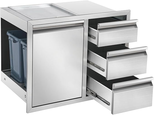 Outdoor Kitchen Drawer Combo, Stainless Steel Triple Drawer Cabinet with Built-in Trash Drawer & Two Trash Cans, 28" W x 22" H x 19.5" D Outdoor Kitchen Storage for BBQ Grill Islands