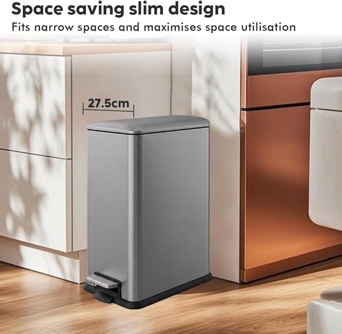 12 Gallon Slim Trash Can Kitchen, Stainless Steel Trash Can with Removal Inner Bucket and Soft-Close Lid, Pedal Garbage Can 45 Liter, Kohler Grey