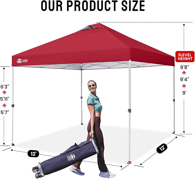 CROWN SHADES 12x12 Pop Up Canopy Outside Canopy, Patented One Push Tent Canopy with Wheeled Carry Bag, Bonus 8 Stakes and 4 Ropes, Red