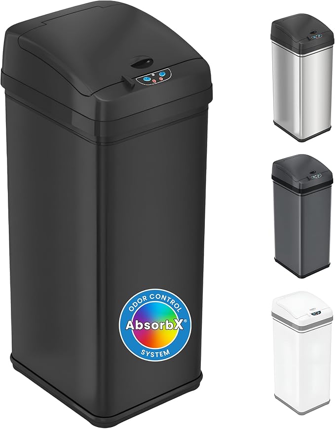 iTouchless 50 Liter / 13 Gallon Kitchen Trash Can with Lid & AbsorbX Odor Filter – Motion Sensor Matte Black Stainless Steel Garbage Bin for Home, Office, or Garage – Slim, Large Capacity Design