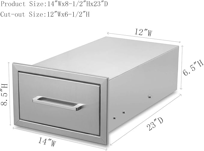 Outdoor Kitchen Drawers Stainless Steel,14" W x 8-1/2"H x 23" D Single Drawer,Flush Mount for Outdoor Kitchen or BBQ Island